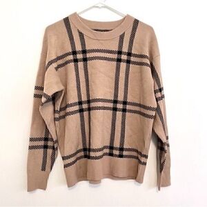 TAHARI Tan Brown Black Plaid Grid Long Sleeve Viscose Preppy Crew Neck Sweater M